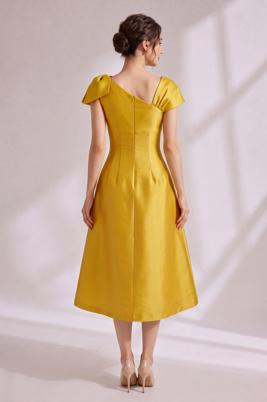 Yellow Asymmetrical Bow Satin Midi Party Dress