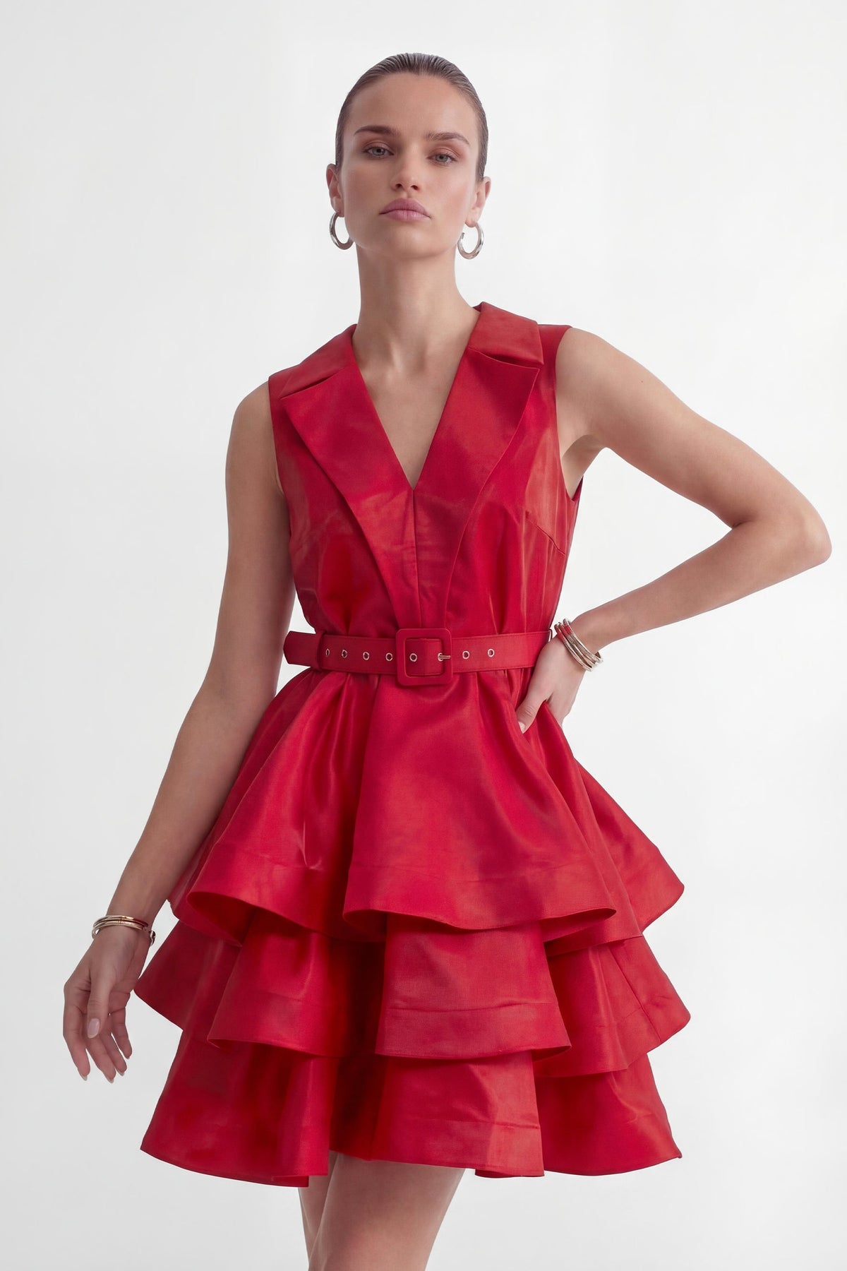 jessica Red V-neck Tiered Ruffle Mini Dress