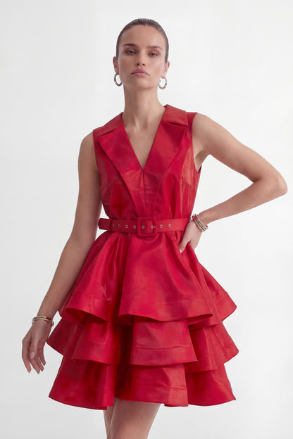jessica Red V-neck Tiered Ruffle Mini Dress