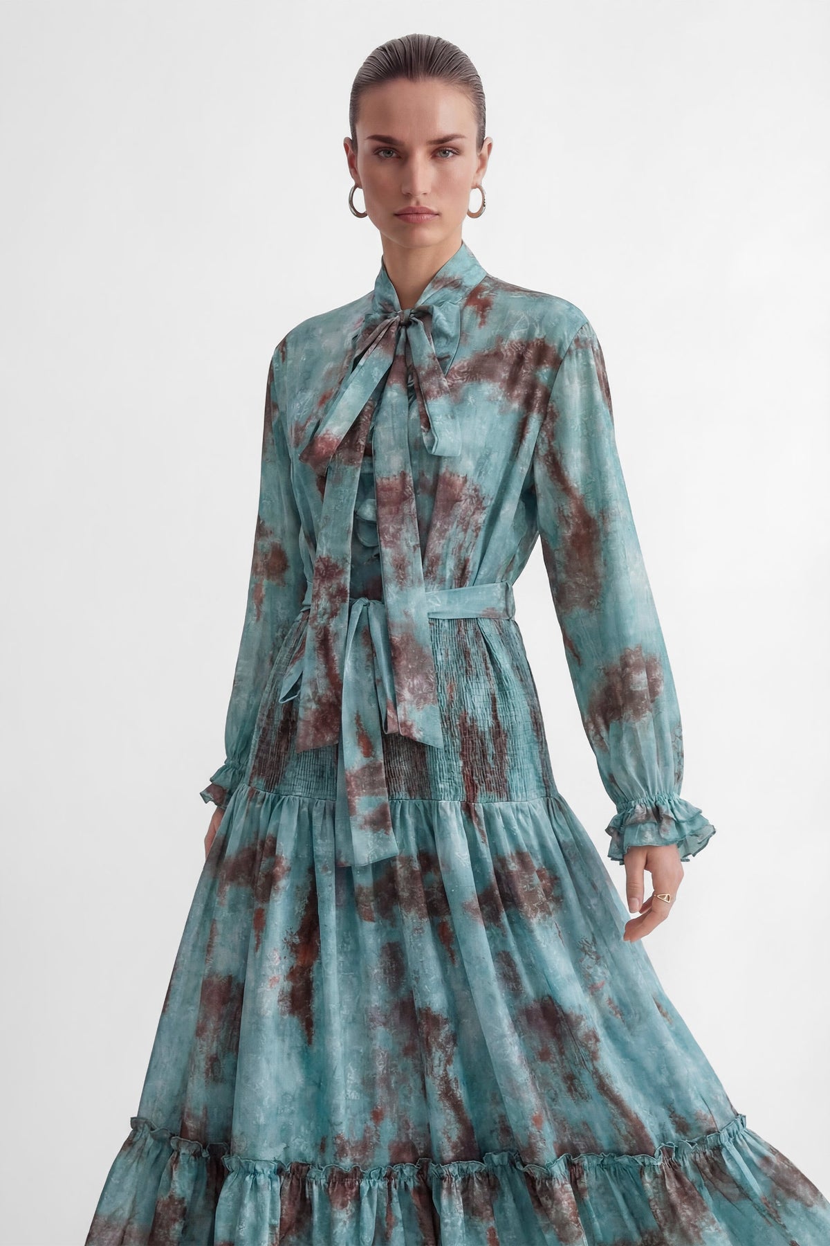 kristin Teal Printed Tiered Ruffle Maxi Dress - green