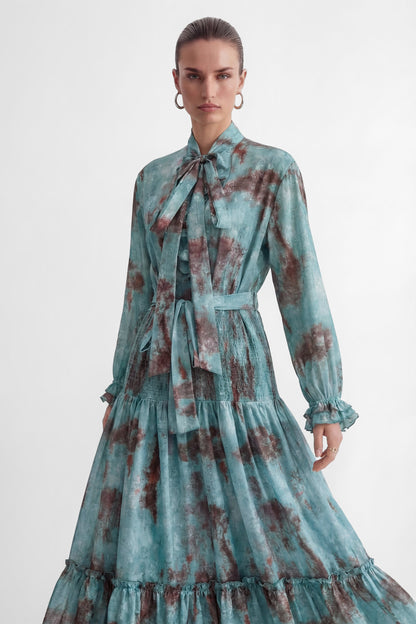 kristin Teal Printed Tiered Ruffle Maxi Dress - green