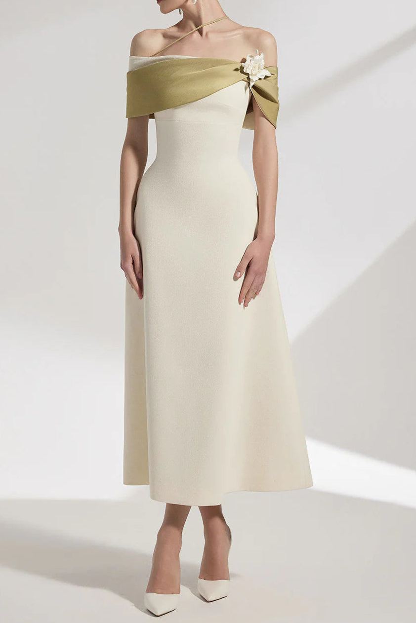 A-line Open Shoulder Cotton Crepe Midi Dress in beige