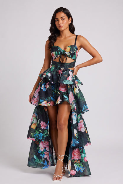 Tropical Floral Cutout High Low Tiered Maxi Dress