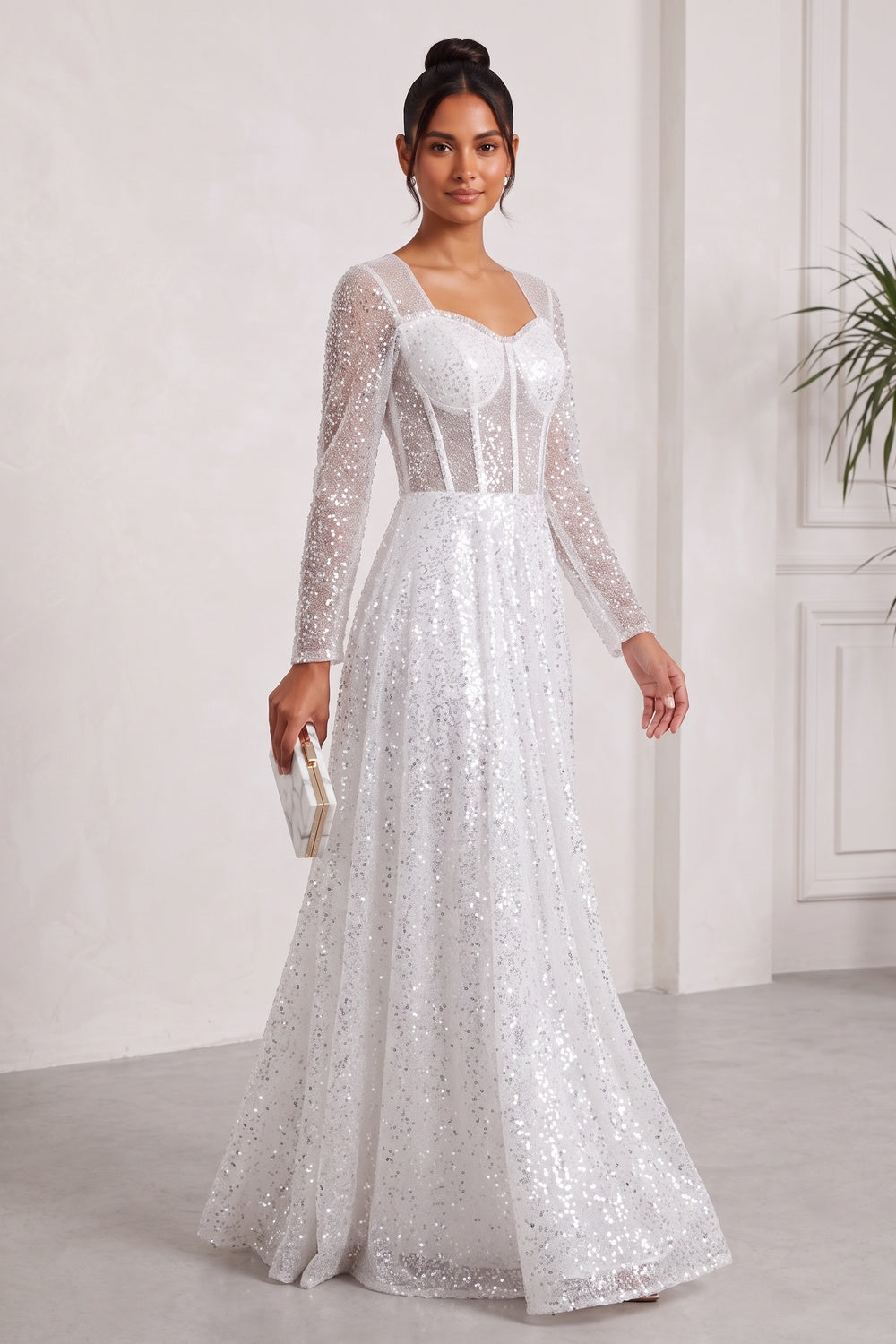 white sequined tulle A-line gown white, silver sequined tulle gown - product view 3