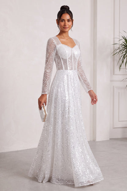 white sequined tulle A-line gown white, silver sequined tulle gown - product view 3