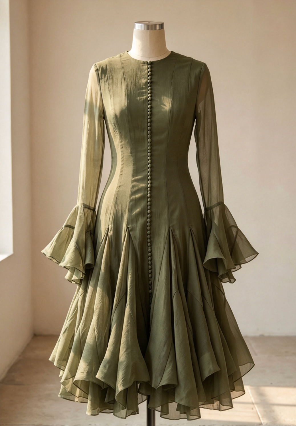 Olive Green Sheer Chiffon Fit-and-Flare Midi Dress