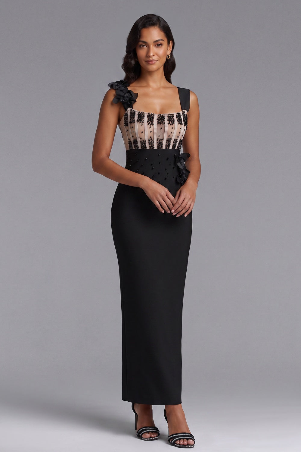 Black Structured Crepe Column Evening Gown with Beaded Bodice black structured crepe evening gown - product view 1