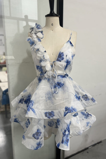 helen 3D Flower Chiffon Ruffle Mini Dress in blue
