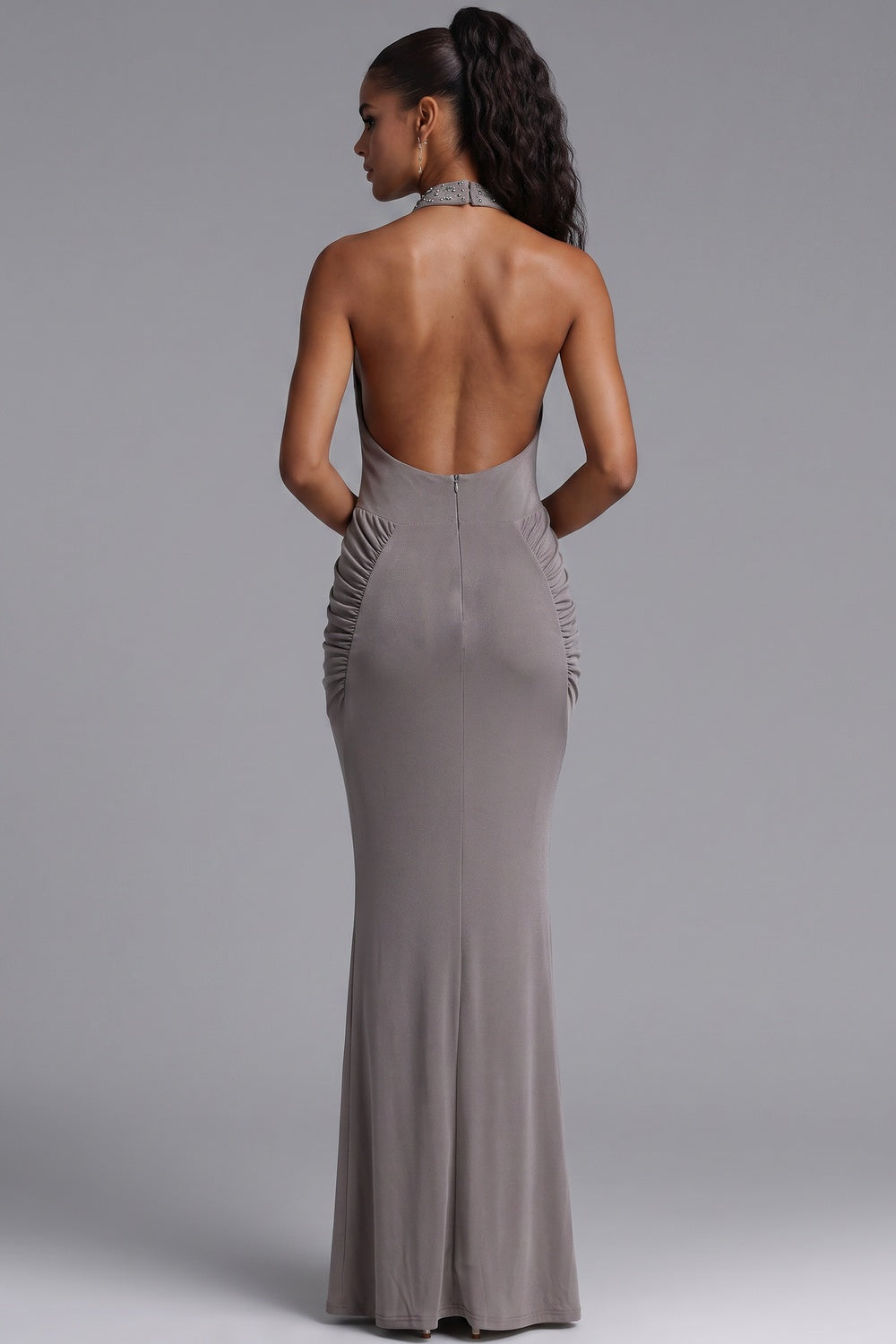 taupe grey stretch jersey column evening gown taupe grey stretch jersey evening gown - product view 5