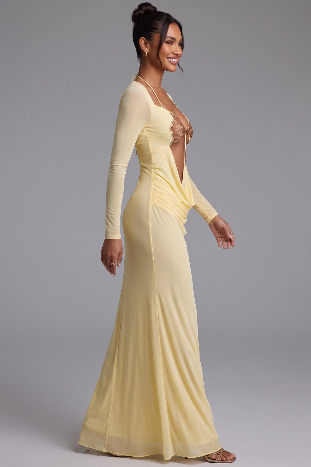 Pale Yellow Long Sleeve Maxi Dress with Cutout Detail Premium Fabric - product view 3