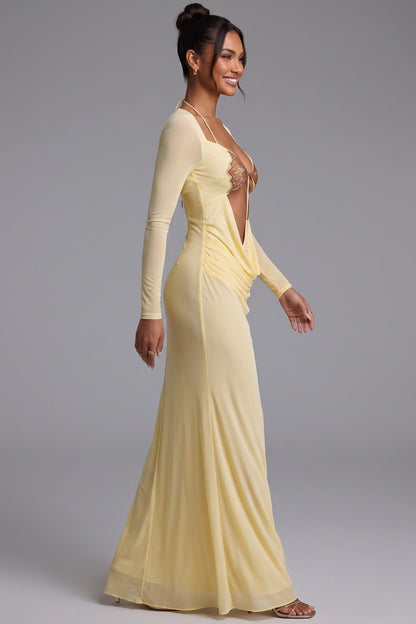 Pale Yellow Long Sleeve Maxi Dress with Cutout Detail Premium Fabric - product view 3