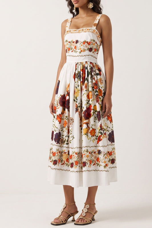Wide Strap Floral Print Midi Dress