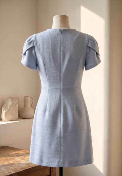 Light Blue Tweed Mini Dress with Crystal Neckline