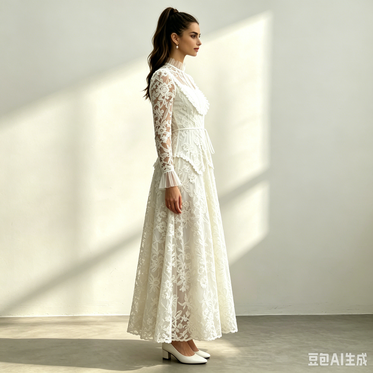 Cream Floral Lace Ruffle High Neck Long Sleeve Belted Maxi Dress