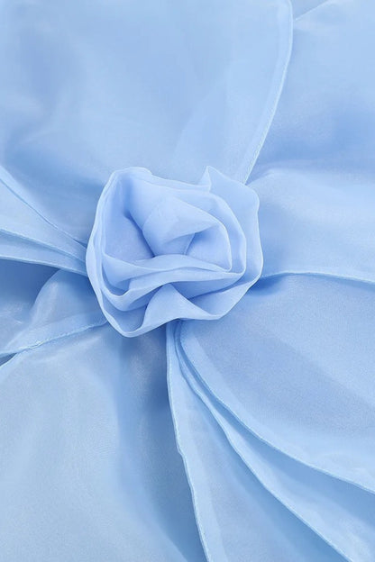 3D Voluminous Organza Floral Mini Dress - Blue