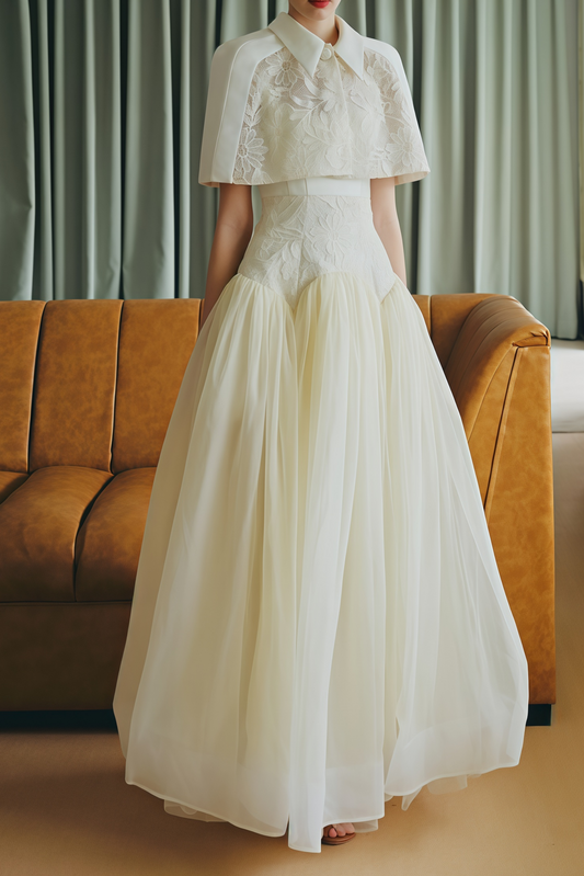 Brooke White Lace Panel Cape & Dress Set