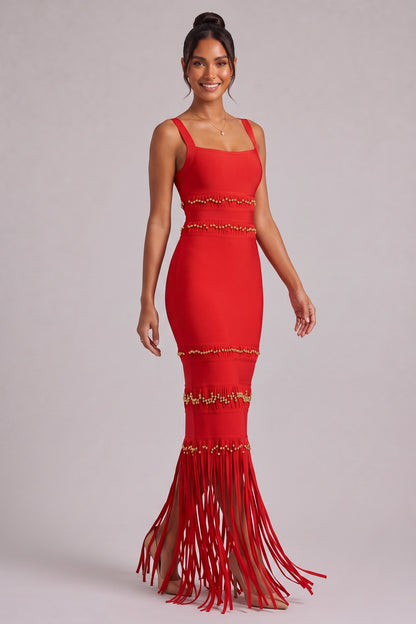 Red Fringe Maxi Dress with Gold Bead Detailing Premium Fabric - product view 2