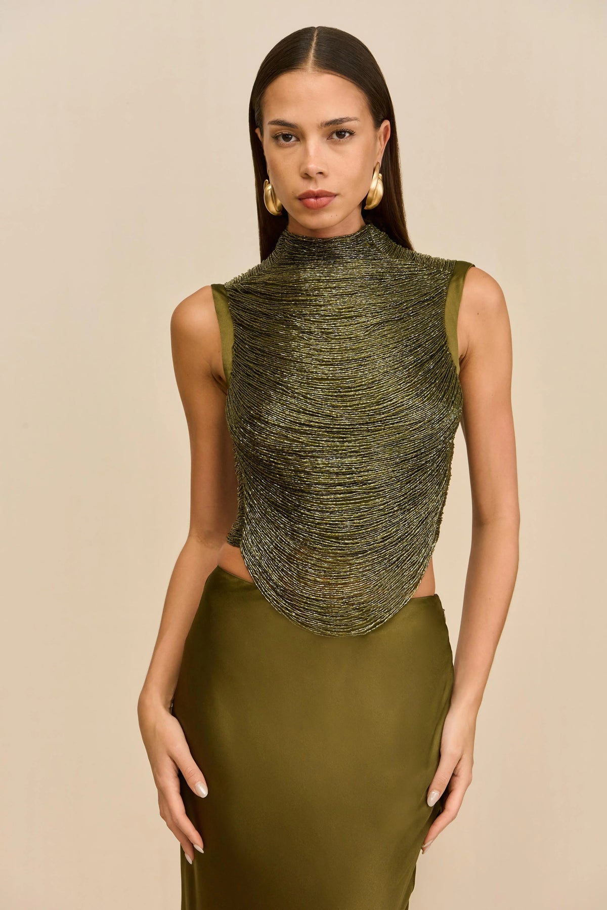 Sleeveless Turtleneck Tassel Paneled Top and Satin Skirt Set in green