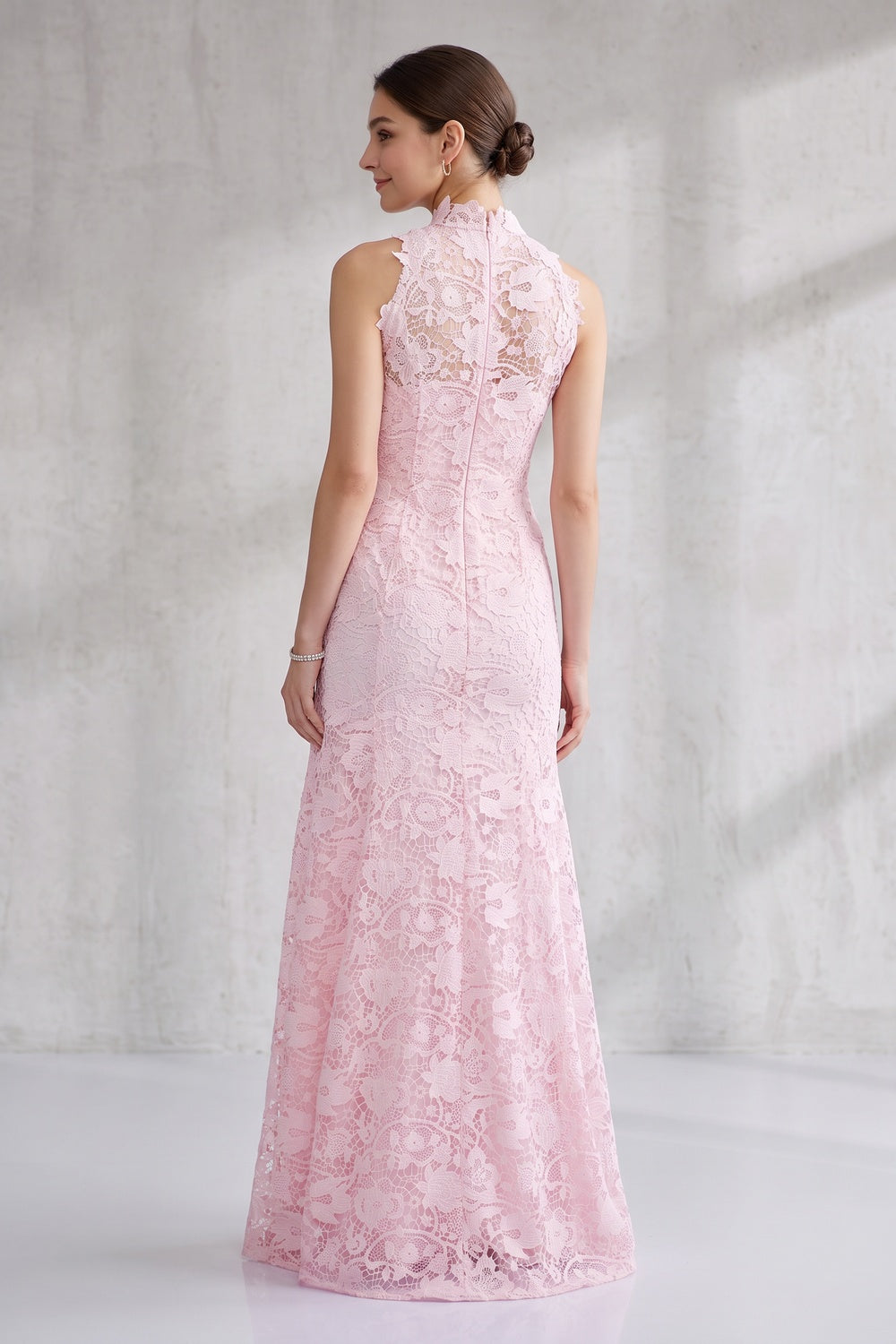 Blush Pink Floral Lace Floor-Length Dress Premium Fabric - product view 4