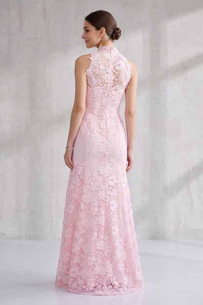 Blush Pink Floral Lace Floor-Length Dress Premium Fabric - product view 4