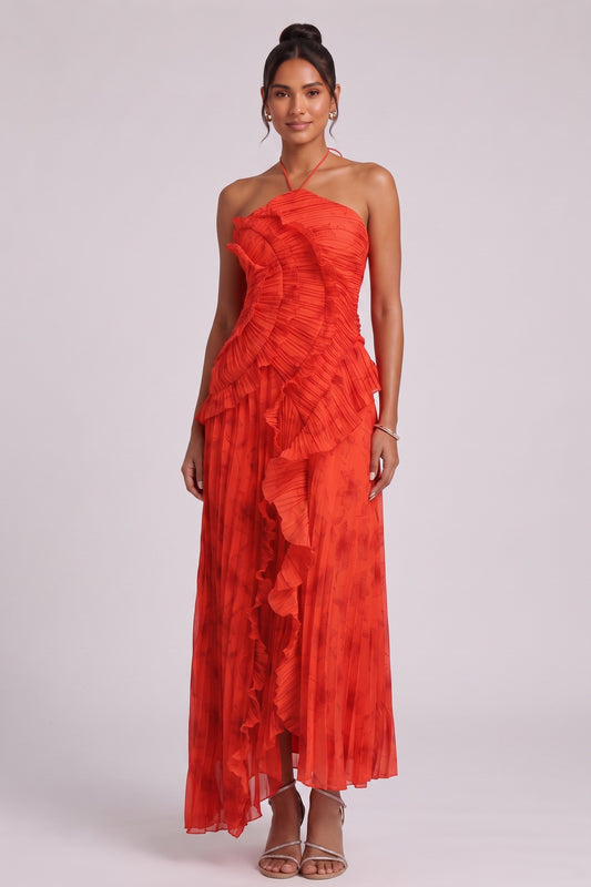 Red Chiffon A-Line Maxi Dress with Cascading Ruffles red chiffon dress - product view 4