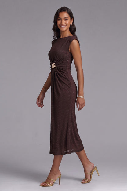 Dark Brown Textured Knit Fitted Sheath Dress with Brooch dark brown textured knit dress - product view 3