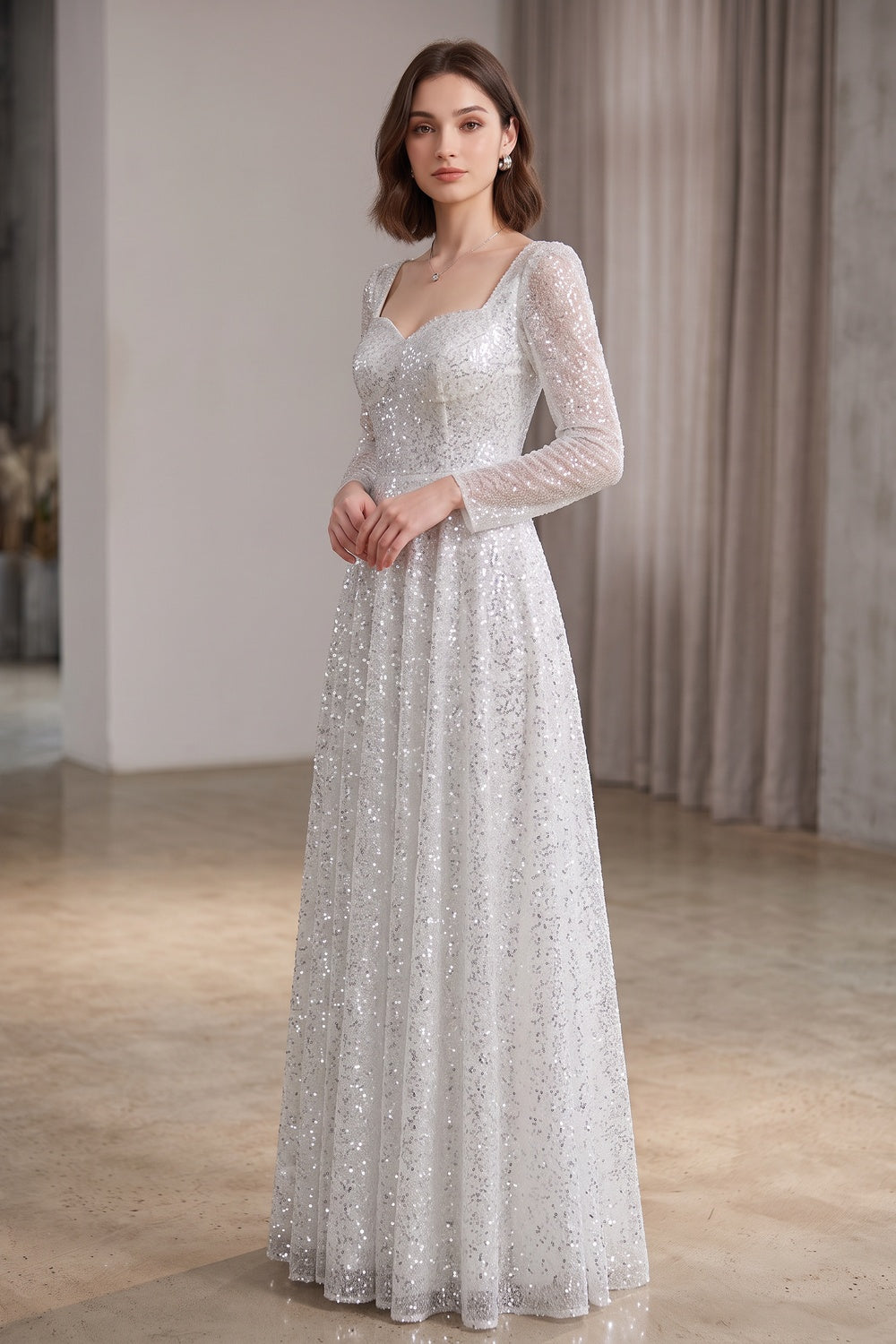 Silver Sequined Tulle Overlay A-Line Evening Gown silver, white sequined tulle overlay evening gown - product view 2