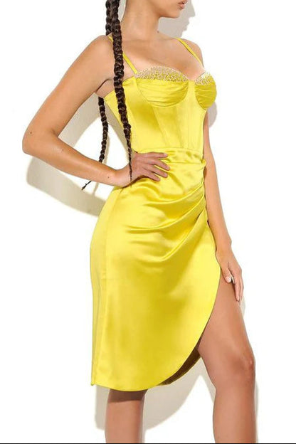 Lemon yellow pleated satin mini Dress