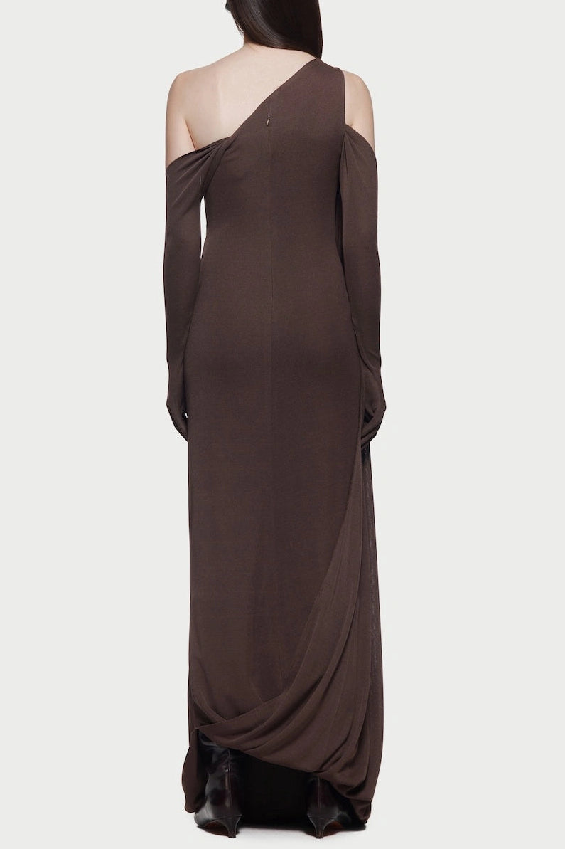 xaviera one-shoulder pleated backless maxi dress in brown
