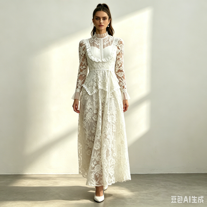 Cream Floral Lace Ruffle High Neck Long Sleeve Belted Maxi Dress