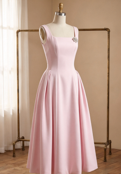 Light Pink Structured Satin Fit-and-Flare Midi Dress