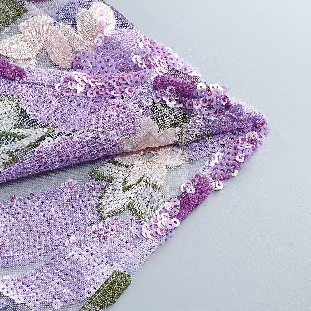 Elara Floral Sequin Embroidered Strapless Maxi Dress - Purple