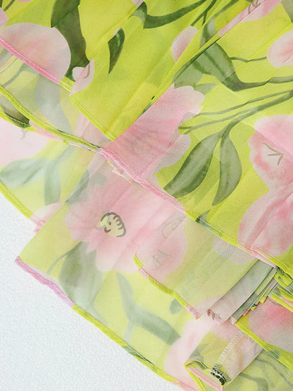 V-neck silk printed pleated maxi dress in yellow