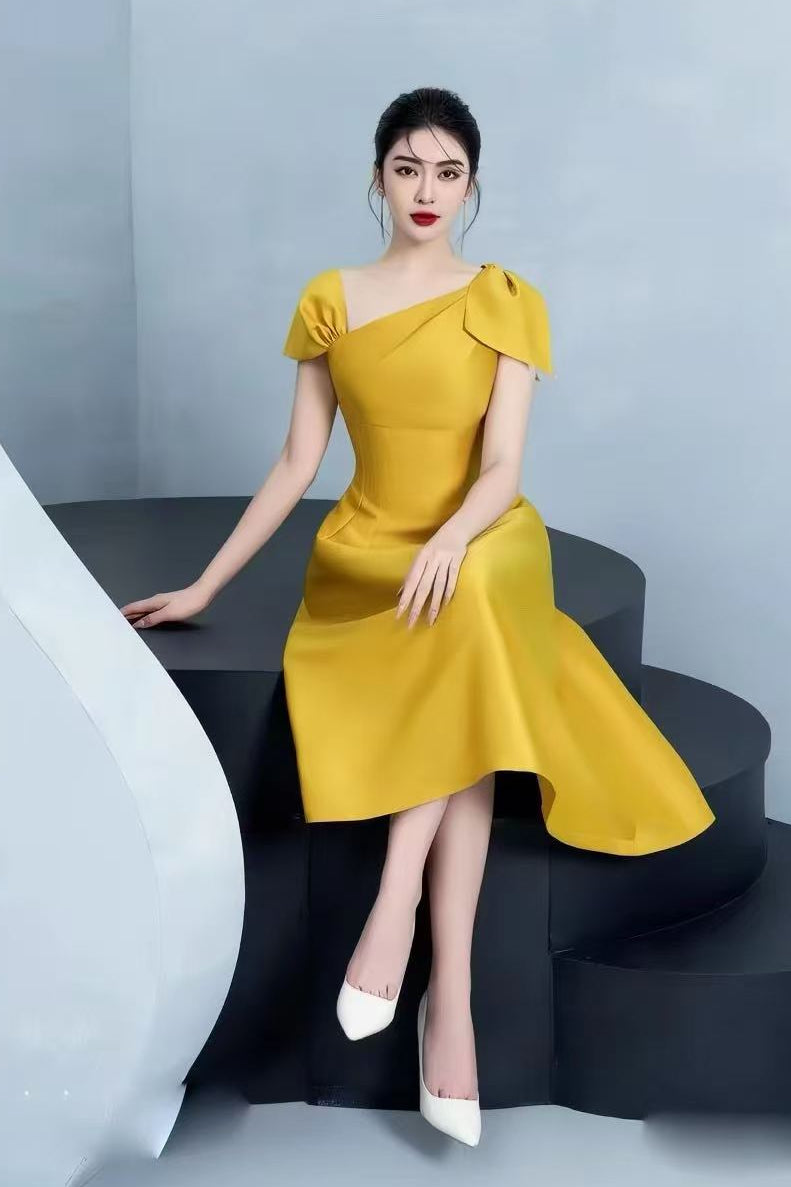 Yellow Asymmetrical Bow Satin Midi Party Dress