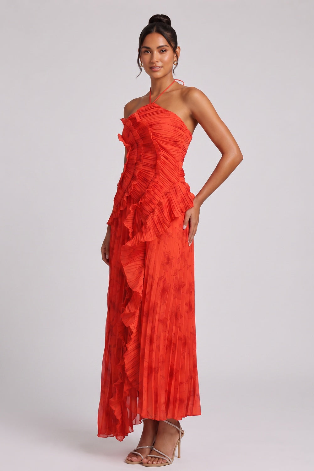 Red Chiffon A-Line Maxi Dress with Cascading Ruffles red chiffon dress - product view 1