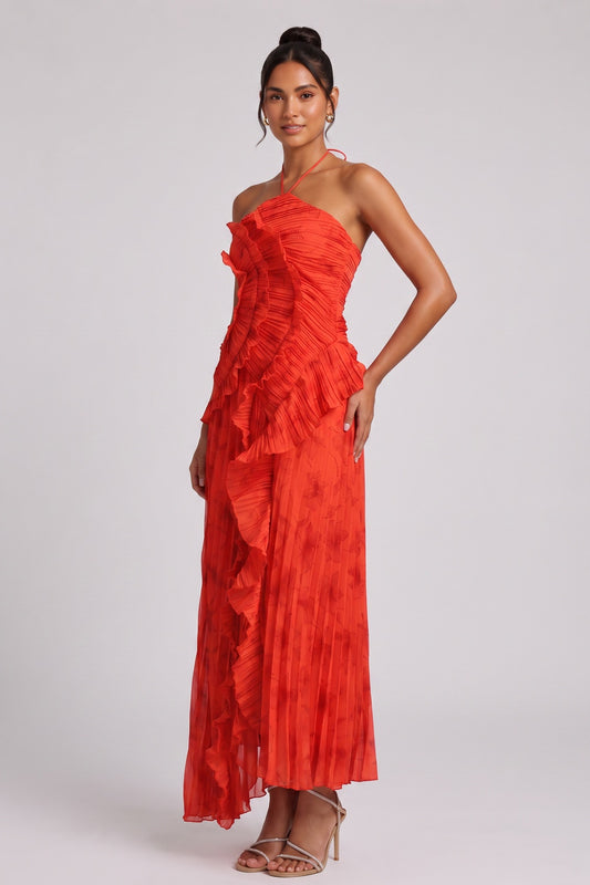 Red Chiffon A-Line Maxi Dress with Cascading Ruffles red chiffon dress - product view 1