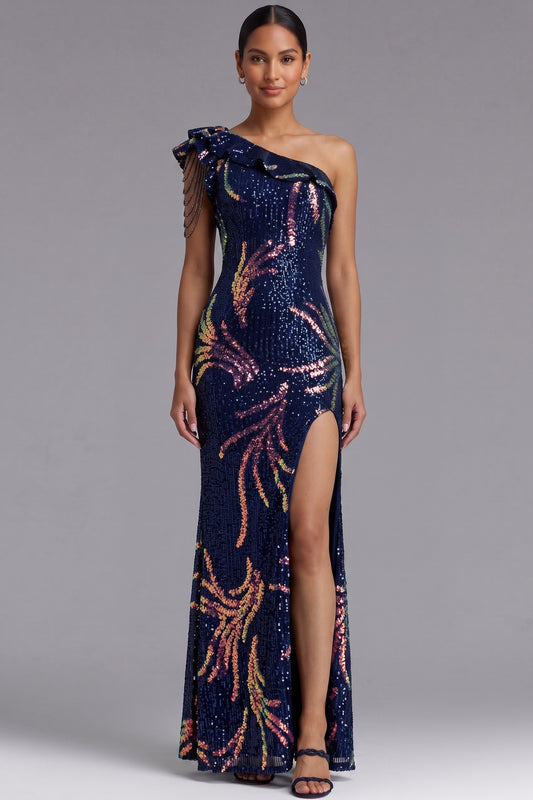 Navy Blue One-Shoulder Sequin Maxi Gown Premium Fabric - product view 2