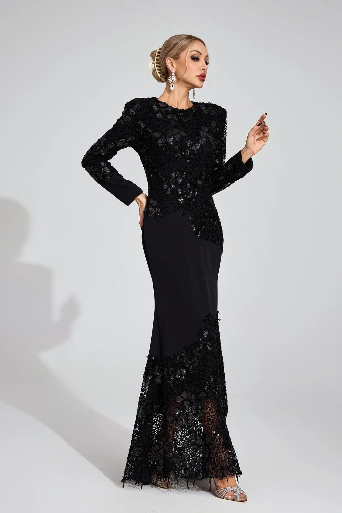 joanna Black long sleeve Embroidered Maxi Dress