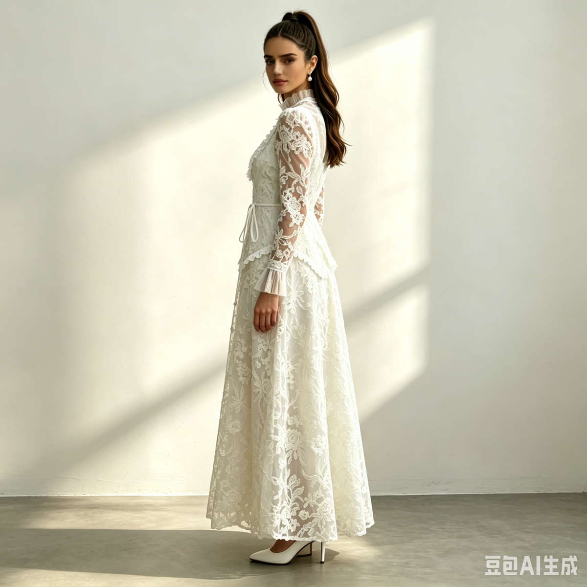Cream Floral Lace Ruffle High Neck Long Sleeve Belted Maxi Dress