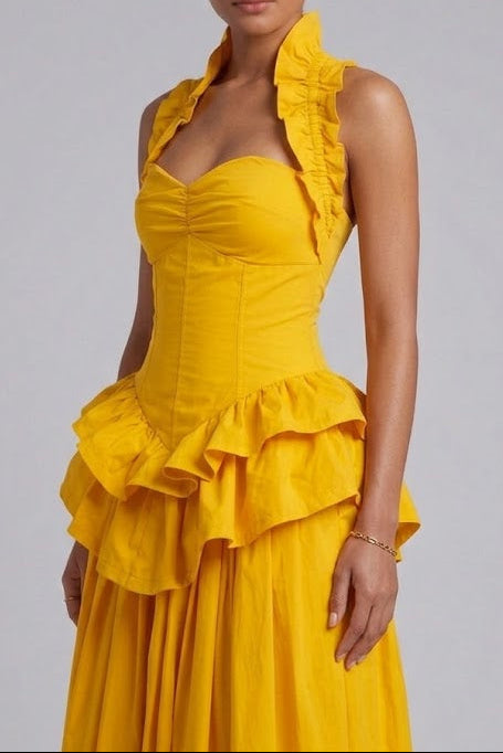 Yellow Ruffled Peplum Midi Dress Premium Fabric - product view 2