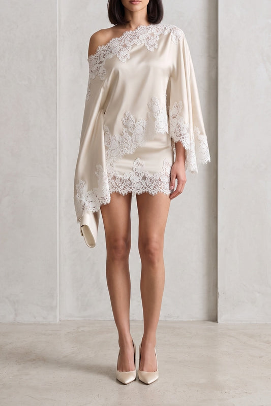 Off Shoulder Contrast Lace Satin Top & Short Co-ord Set