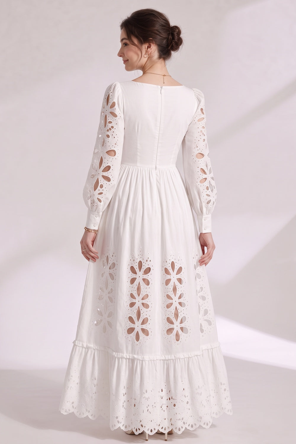 White Cotton Poplin A-Line Maxi Dress with Eyelet Embroidery white cotton poplin maxi dress - product view 5