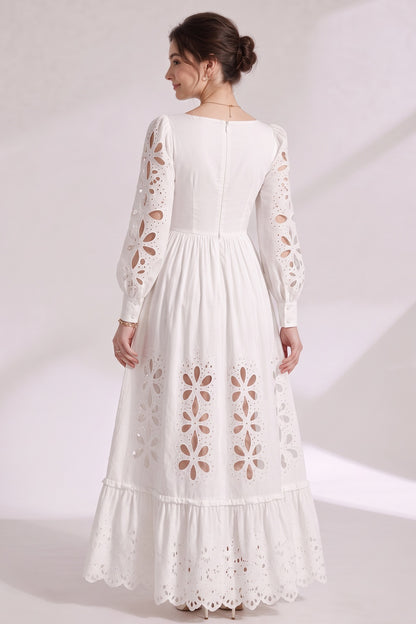White Cotton Poplin A-Line Maxi Dress with Eyelet Embroidery white cotton poplin maxi dress - product view 5
