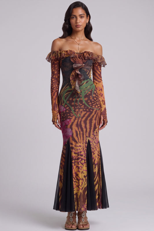 Brown Mesh Mermaid Dress brown, orange, black mesh dress - product view 2