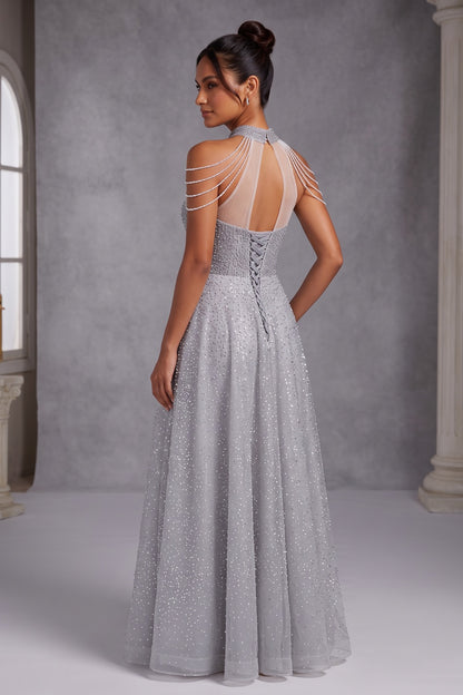 Silver Tulle A-Line Evening Gown silver, light grey tulle evening gown - product view 5