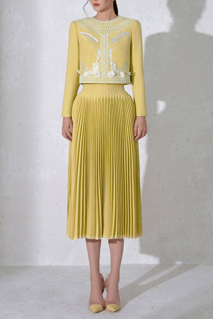 draped top pleat skirt set in yellow