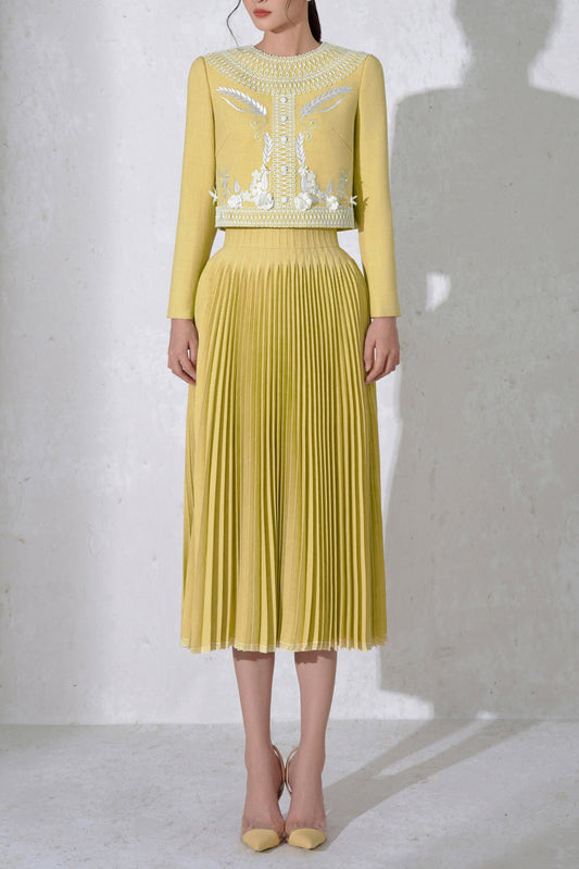draped top pleat skirt set in yellow