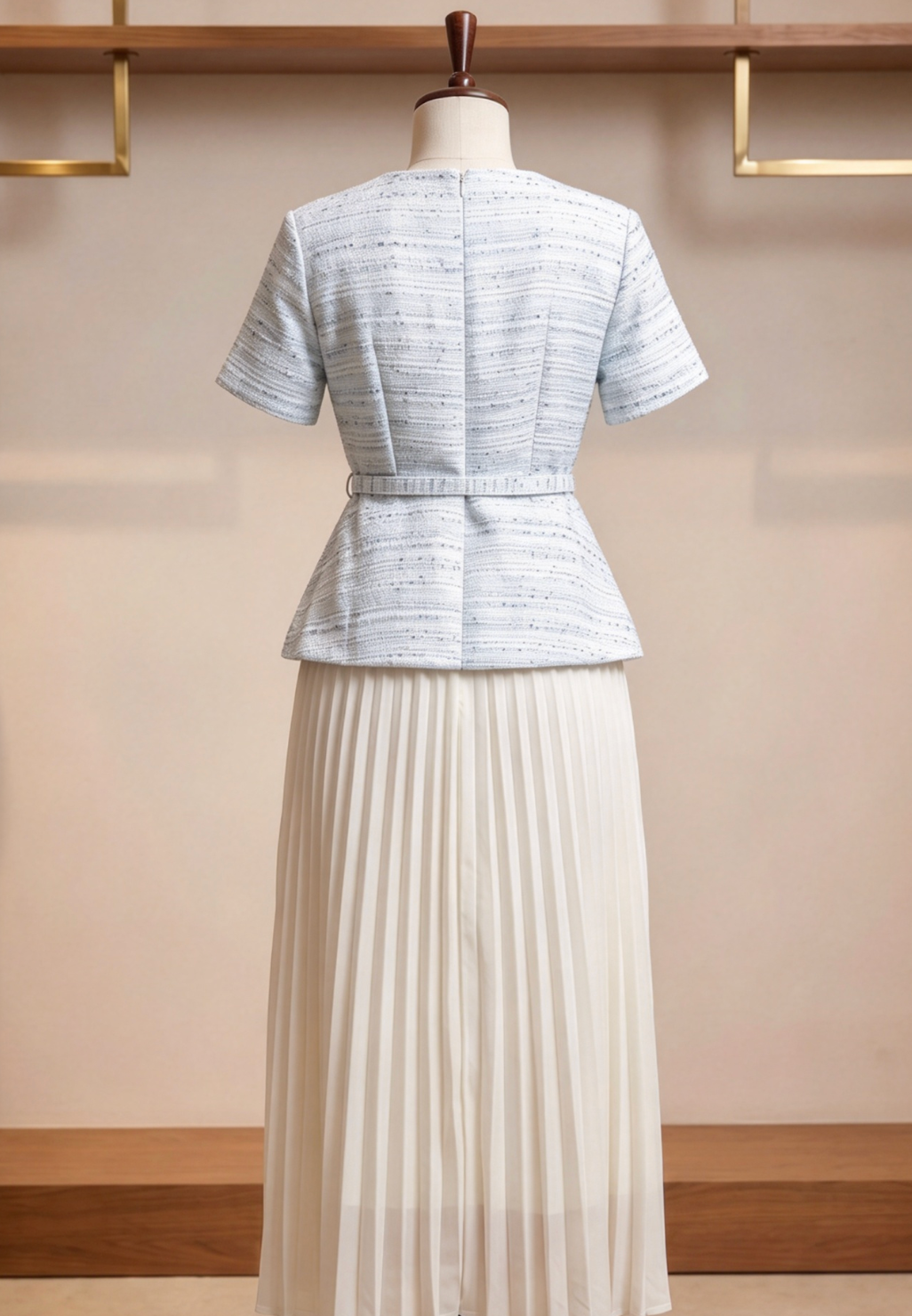 Light Blue Tweed Peplum Top with Pleated Midi Skirt Two-Piece Set