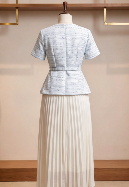 Light Blue Tweed Peplum Top with Pleated Midi Skirt Two-Piece Set