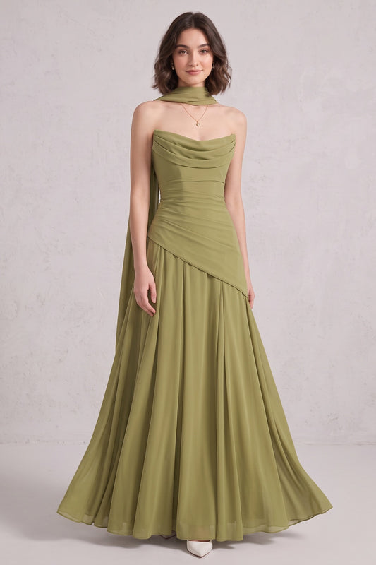 Olive Green Chiffon A-Line Gown with Draped Cowl and Lace-Up Back olive green chiffon gown - product view 3